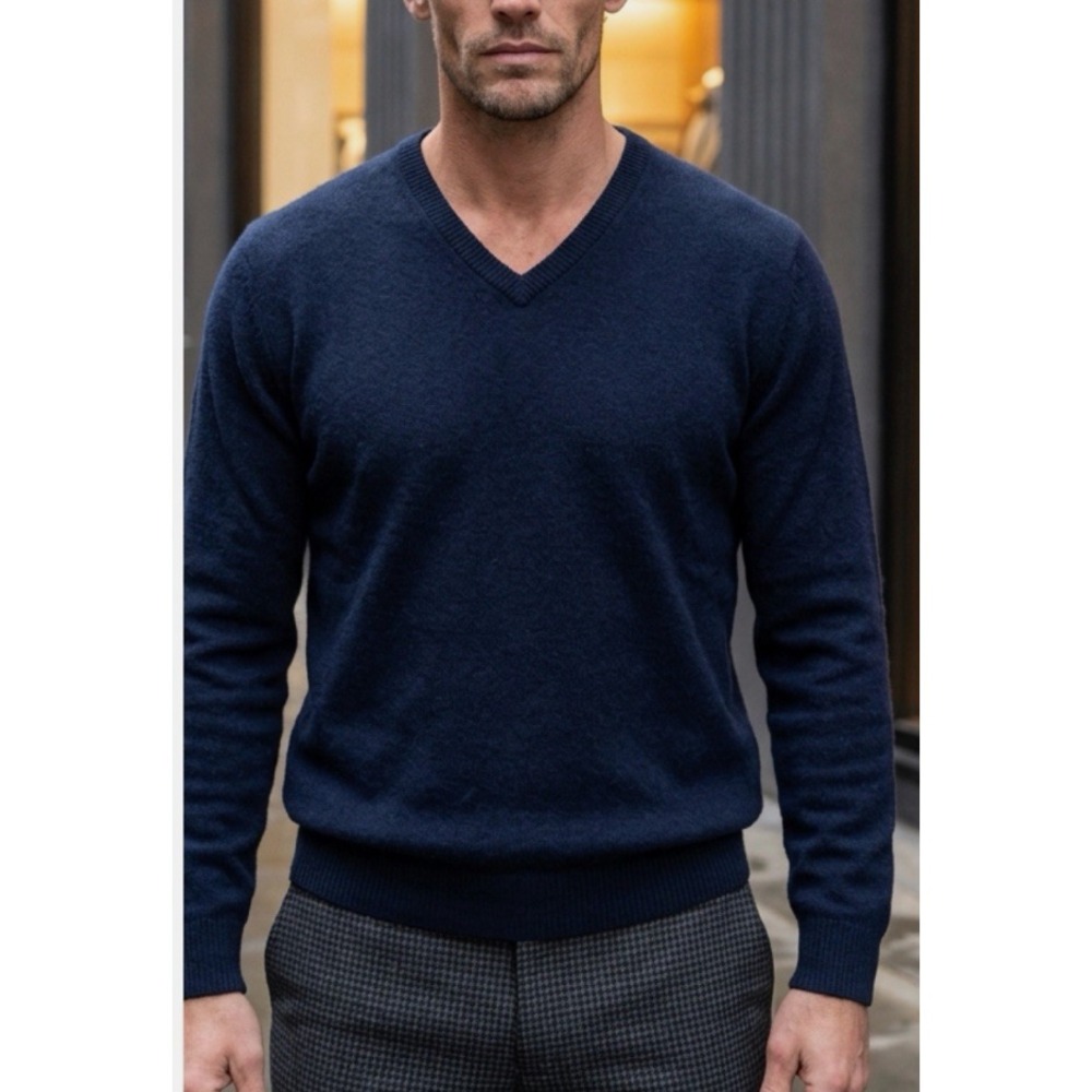 Neiman Marcus Sweater Mens XXL fit XL or L Navy Blue V-Neck 100% Cashmere a2‎
